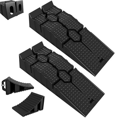 XMTECH 2 rampas de acceso + 2 cuñas negras – rampas de plástico para coche & tope antideslizante para neumáticos de hasta 5 T para coche, coche, autocaravana, remolque, caravana, garaje y taller