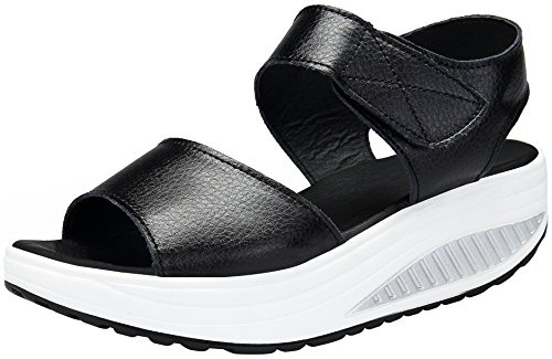 Mesing Sandalias Plataforma Mujer Verano Sandalias Cuña Comodas Cuero Peep Toe Zapatos Tacon para Caminar Negro EU39