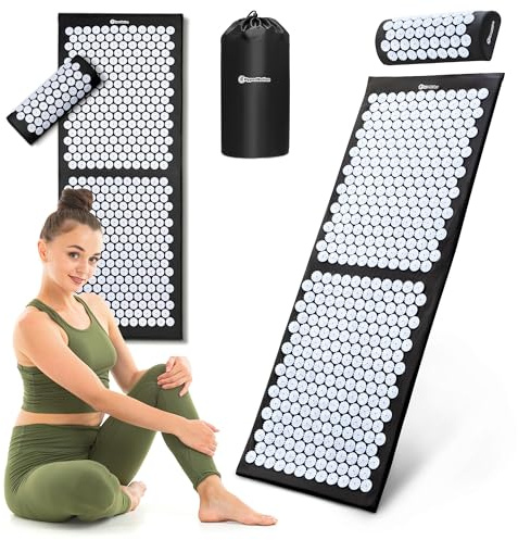 HyperMotion Akupressurmatta XL 130 cm med Kudde och Förvaringsväska – Stor Spikmatta för Avslappning, Massage och Återhämtning – Svart/Vit