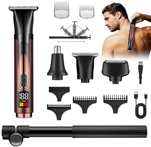 SINZONeu Rasoio Corpo Uomo 5in1, Luce LED & Lame R Anti-Taglio, 2 Velocità Turbo, Manico Telescopico 50cm, Display LED Promemoria Olio, IPX7 Impermeabile per Schiena Intimo Naso Orecchie