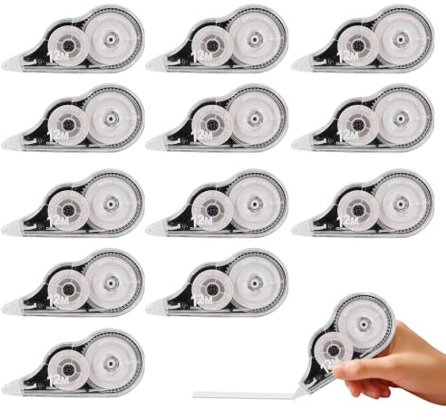 Vexnaro 12 Pièces Ruban Correcteur, 12 m x 5 mm Correcteur Blanc avec Capuchon de Protection, Roller Correcteur Compact pour École Bureau Fournitures Scolaires et Papeterie (Noir)