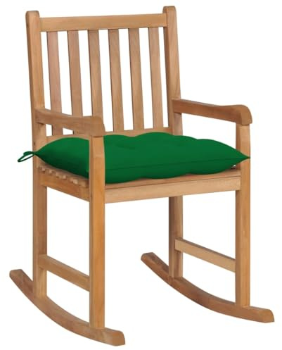 Drainlyn gungstol av massiv teak med grön kudde, väderbeständig, 58 x 92,5 x 106 cm, perfekt som trädgårdsstol, balkongstol eller terrassstol, bekväm fåtölj för avkoppling