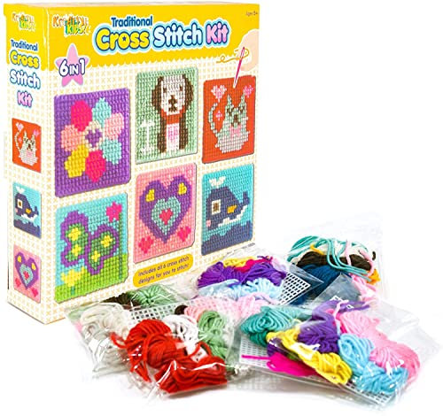 Kreative Kids Kit Punto Croce 6 in 1 per Bambini, 6 Tavole da Ricamo assortite con 36 Fili Colorati Inclusi, Kit da Ricamo per Bambini