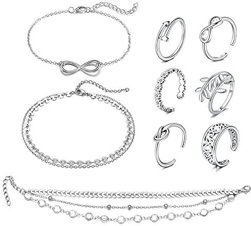 JFORYOU Zehenringe Offenen Verstellbar Zehenring, Fußkettchen Ketten Armbänder Fußschmuck Set für Frauen Mädchen