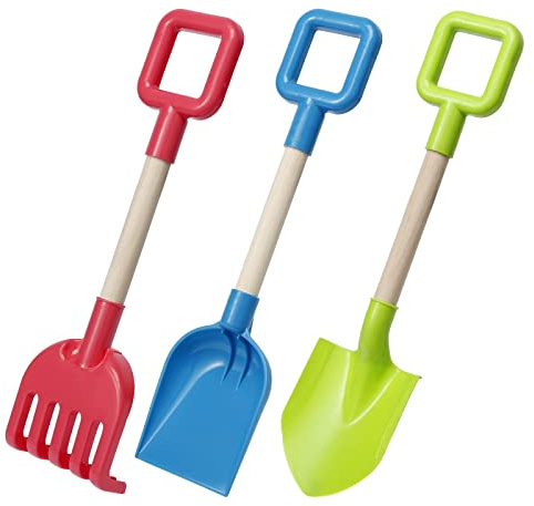 Jumbo Beach Shovels Rake Spade Toys Set for Kids, 16 Long Wooden Handle ABS Plastic Sand Scoop, Planting Summer Winter Gift for Mud Sand Snow Digging, Backyard Gardening Tool Accessories, 3 Pack