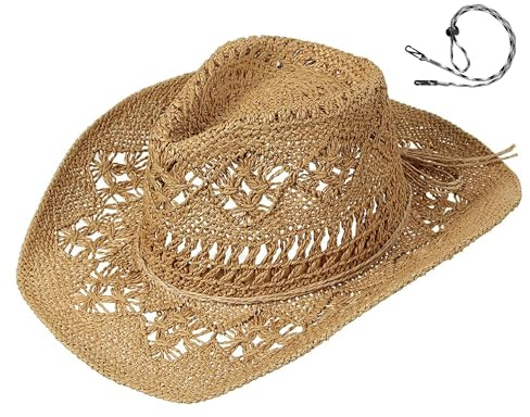 GEMVIE Cowboy Cowgirl Summer Straw Hat Wide Brim Hollow Out Cowboy Beach Sun Hats for Women Ladies Brown