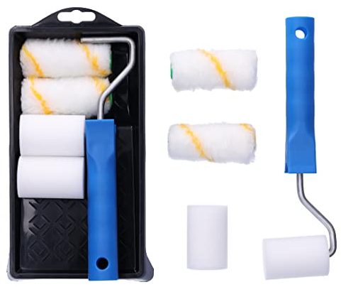 ToolSpace 6 Pièces Rouleau Kit - Rouleaux 2 x 5 cm et 2 x 7 cm avec Manche Bac - pour Peinture Murale Interieur Mur - Outils pour Application Crepi Sous Couche - Patte Lapin pour Plafond Murs