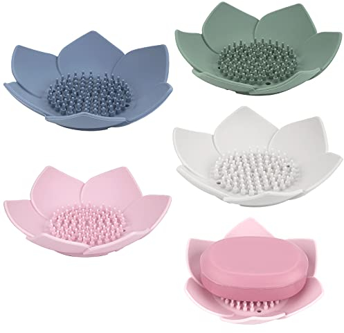 Linkidea Portasapone con scarico, porta sapone in silicone per bagno, vassoio per sapone a forma di fiore per lavello da cucina