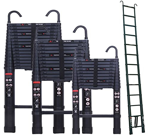 Échelle télescopique en aluminium de 5 m avec 2 crochets, échelle d'appui antidérapante échelle de grenier avec 13 échelons, échelle extensible portable pour extérieur et intérieur, capacité de charge
