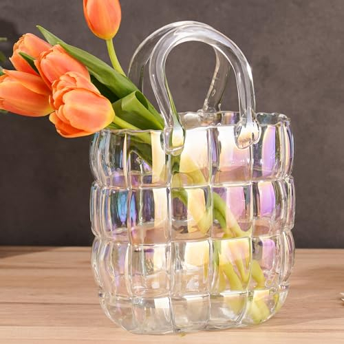 NiHome Groß Glas-Geldbörsen-Vase, Schillernde Glas-Taschen-Vase mit Griff, Blumenvase für Tulpen, Handtaschen-Form,Wohnungsdeko für Wohnzimmer Tischdeko Büro