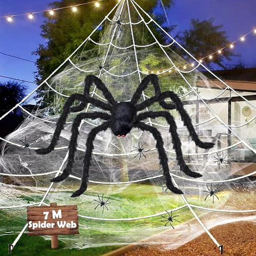 Decorazione per Halloween, 700 cm, ragnatela gigante, 150 cm, ragnatela bianca, 20 mini ragni, Halloween, giardino, decorazione per esterni, ragno gigante
