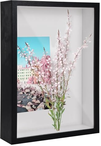 Marcos con Profundidad, 22,7 x 31,4cm Marcos para Cuadros 3D, Marco de Fotos de Madera A4 para Pared y Mesa, Marco de Caja de Sombra, Marco de Objeto Rellenable para Flor Recuerdo Medalla (Negro 5CM)