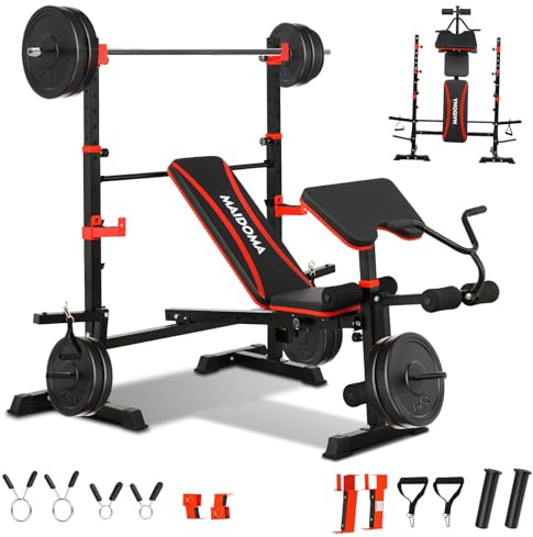 MAIDOMA 1500LBS 6 in 1 Weight Bench Set with Leg Extension/Curl and Preacher Curl, Bench Press Set and barbell Rack with Safety Bar Catches, Foldable Workout Benches for Home(US Stock)