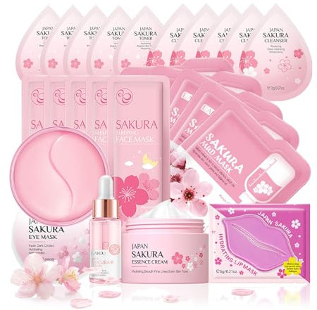 Skin Care Sets & Kits, Sakura Skin Care For Teenage Girls,Pamper Sets For Women Gifts,Skincare Set,Cream,Serum,Toner,Cleanser,Eye Mask,Sleep Mask,Mud Mask,Lip Mask (One Size, Sakura-Skin Care Kits-A)