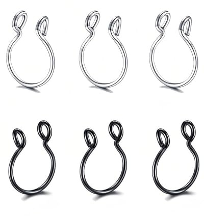 UYRVAPE 6pcs faux piercings de nez, Faux Septum Nasal Piercing anneau de nez en acier inoxydable, pas de piercing bijoux de corps pour hommes femmes ensemble de bijoux, Noir/Argent