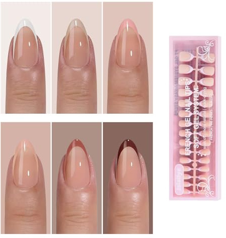 Jsiallye 6 Packs 180pcs French Tip Press on Nails Short Almond - French Soft Tip Nails Gel Pre-shaped No File Need,Soak Off Acrylic Fake Nails Extensions for Women Nail Art DIY 15 Sizes