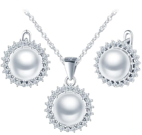 MicLee Pärlhalsband och örhängen för kvinnor och flickor, zirkonia, solrosörhängen, 925 silversmycken, eleganta bröllopssmycken, Silver, Zirkoniumoxid Pärla