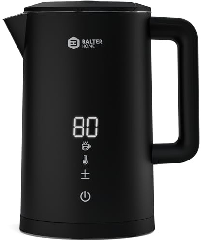 Balter Edelstahl Wasserkocher mit Temperatureinstellung, 40°C-100°C, Doppelwand, BPA frei, 1,5L, Schwarz, WK-11BL-LCD