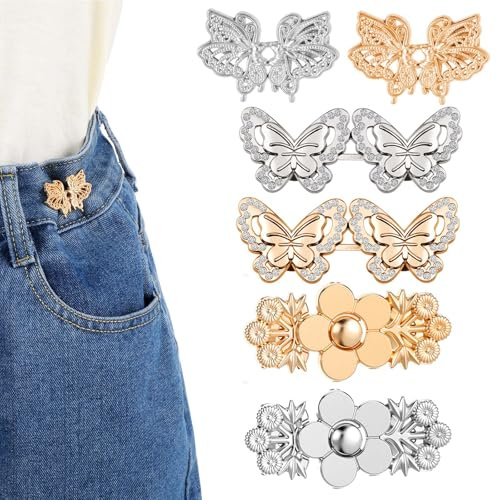 Mabor 12 Sets Pants Waist Tightener, Butterfly Flower Waist Adjuster for Loose Pants Jeans to Make Smaller Buttons Pins Clips No Sewing Accessories