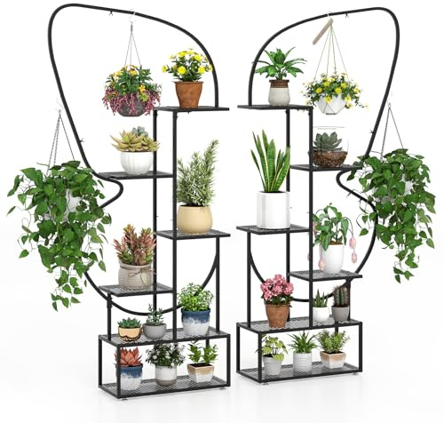 COSTWAY 6-stegs metallväxtstativ, fjärilsformad, blomhylla med 4 krokar, växthylla, steghylla, växtstege blomställ, för trädgård balkong vardagsrum, 185 cm (svart)