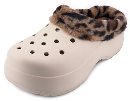 JOMIX Chaussons Femme Hiver Fourrés Clogs Sabots Antidérapants Légers EVA Bord Fausse Fourrure Léopard Intérieur Extérieur Pantoufles Chaudes à Enfiler