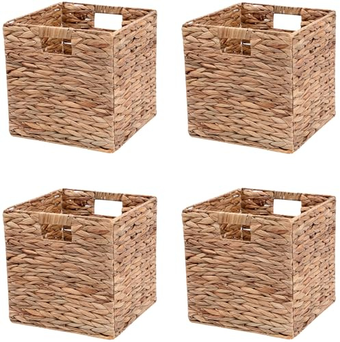 QUCHRYO 11x11in Storage Baskets Set of 4 Water Hyacinth Baskets,Foldable Wicker Storage Cubes, Baskets for Bathroom, Bedroom, Laundry, Pantry, Shelves
