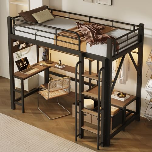 luckdect Lit Mezzanine 90x200 cm Métal Noir avec Bureau, Étagères, Tiroirs Tissu et Panneau Perforé, LED et Ports USB, Barrière Sécurité, Lit Hauteur pour Chambre Ado et Étudiant (sans Matelas)