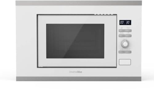 UNIVERSALBLUE Microondas 20 Litros Cristal Blanco Encastrable | Microondas de Encastre con Grill 900W | Integrable 6 Niveles Funcionamiento | Temporizador | Bloqueo Infantil | Control Digital