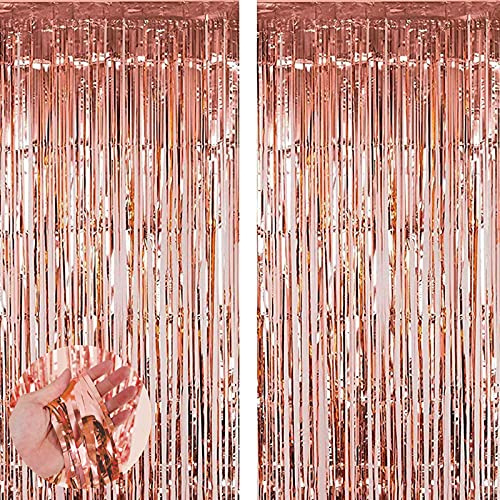 2pcs 3.2ft x 6.5ft Foil Curtain Decorations,Rose Gold Tinsel Foil Fringe Curtains Streamers Backdrop for Birthday Graduation Wedding Engagement Bridal Shower Bachelorette Holiday Gold Party Decoration