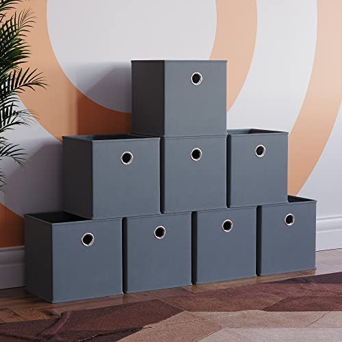 Vida Designs Durham Foldable Storage Cube Baskets Fabric Box With Metal Easy Access Handle Home Organiser (8 Pack, Grey)
