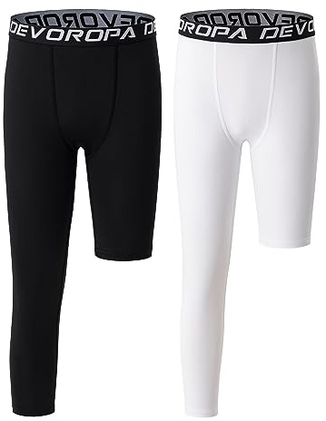 DEVOROPA Youth Boys Leggings One Leg Compression Pants 2-Pack 3/4 Basketball Sports Tights Running Capris Kids Athletic Base Layer Black/White M