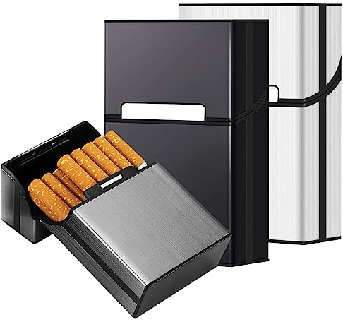 LiRiQi Étui à Cigarettes, 3 Pcs Boite a Cigarettes Homme Porte Cigarette Femme en Aluminium, Etui Paquet Cigarette, Paquet de Cigarettes Fermeture Aimantée pour 20 cigarettes (Noir Gris Argent)