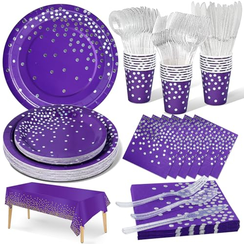 Nkaiso Paper Plates Napkins Cups Set, 141 Pieces Purple and Silver Kids Birthday Party Tableware Party Supplies Set Includes Paper Plates Napkins Reusable Cutlery -20 Guests