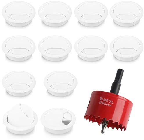 MIYUANGKJ Lot de 12 passe-câbles de bureau - 60 mm - Avec 1 passe-câble - Avec 1 scie cloche - Passe-câbles rond à enfoncer - Couvercle de trou de câble - Pour table, bureau, lieu de travail