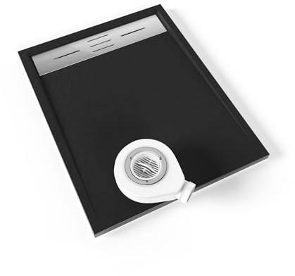 Plato de ducha SMC Hiemal 90x70 cm | Moments of Glass | Negro RAL 7021 – Antiderrapante, Textura Pizarra, Antibacteriano, Resistente a agentes químicos – Incluye válvula y rejilla Inox