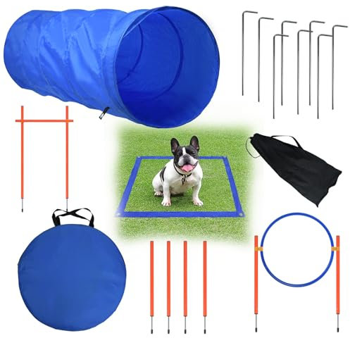 ACXIN Agility-set, utökat träningsset med justerbar hindrstång, hoppring, hundtunnel och pausfält, intressant lek- och träningstillbehör för hundar