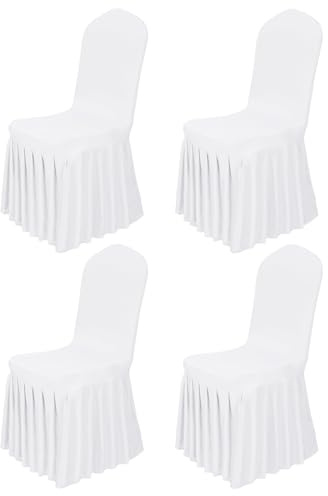 Babenest 4 st stolsöverdrag i spandexkjol, stretchtyg, avtagbart, tvättbart, stolskydd med lång kjol, smutsavvisande kjolöverdrag, för bröllop, bankett, middag, festceremoni (vit)