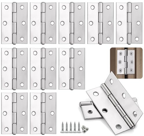 Anstore Bisagras de acero inoxidable 44 x 32 x 1 mm, 10 unidades de bisagra de puerta y banda de piano plegables para armarios, puertas y ventanas, pequeñas bisagras inoxidables, con 72 tornillos, 12