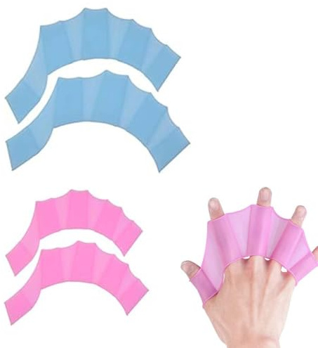 LAKJUOZ 2 Pairs of Swimming Webbed Gloves for Fingers Swimming Gloves Silica Gel Webbed Gloves Adults and Children Swim Glove Highly Elastic Swimming Paddles Hand Paddle (Blue L, Pink M)