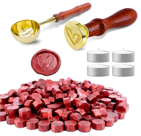 BJOYEE 300 Stück Siegelwachs Perlen Set Wachssiegel Stempel mit 1 Herz Siegelstempel, 1 Schmelzlöffel, 4 Teelichte, Siegelwachs set für Umschlag/Einladungen/Karten/Geschenk (Rot)