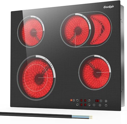 Cooksir Piano Cottura in Vetroceramica 4 Fuochi, Piano Cottura Elettrico 4 Piastre 59CM da Incasso, Piastra in Vetroceramica con Texture Tessuto, Sensore Touch Control, Timer, Blocco di Sicurezza