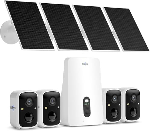 Hiseeu Solar Security Cameras Wireless Outdoor, 4 Cam-Kit, No Subscription, Expandable to 10CH, Wireless Home Security Camera System with 2K Color Night Vision, PIR/AI Detection, IP66, 2.4G & 5G WiFi