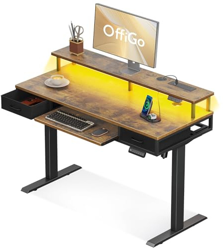 OffiGo Standing Desk with Keyboard Tray & Storage Drawers, 120cm | Height Adjustable Desk with Monitor Stand, LED Lights, Power Outlet and USB Ports for Home Office, Rustic Brown