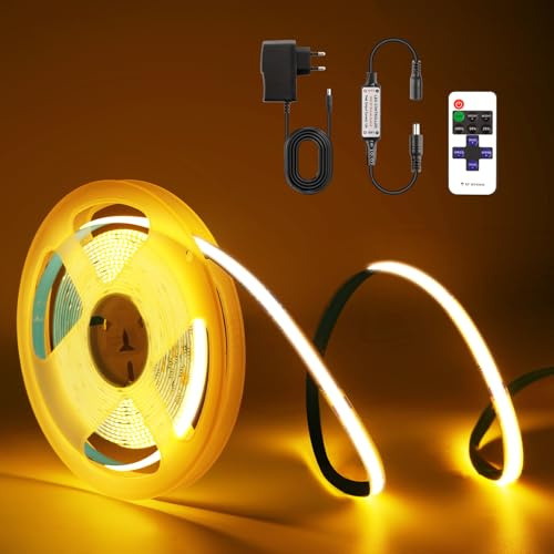 TK99SW Tira LED COB 2M, 2700K Tira LED blanca cálida, 24V Tira de luces LED Regulables, 8 mm de Ancho, con Control Remoto y Fuente de Alimentación para Decoración Hogar, Cocina, Espejo