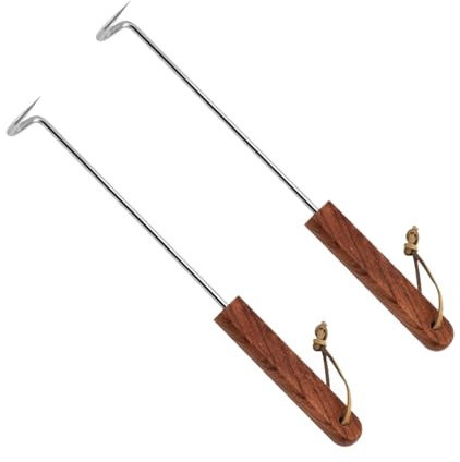 2 pezzi Gancio per carne Flipper, Girarrosto per cibo a treccia in acciaio inossidabile con manico in legno, Strumento per girare il gancio per carne alla griglia, Accessori per barbecue