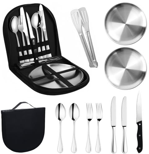 Camping Geschirr Set 2 Personen 12-teilig, Picknick Set, Edelstahl Outdoor Geschirr Tragbars Campingbesteck Besteckset mit Edelstahl für Outdoor, Camping, Picknick, Grillen, Wandern
