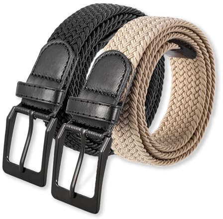 ViEinkaufen 2 pieces Belts Men, Elastic Braided Stretch Belt Unisex Mens Women Belt Woven Trouser Belts for Jeans, Shorts, Trousers Casual Work, 105cm/41.33inch, Black, Beige