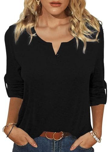 Terecey Camiseta Manga Larga Mujer Camiseta Henley Mujer Cuello en V Top Casual Ajustado Blusa Basicas Cómoda y Elegante para Otoño e Invierno