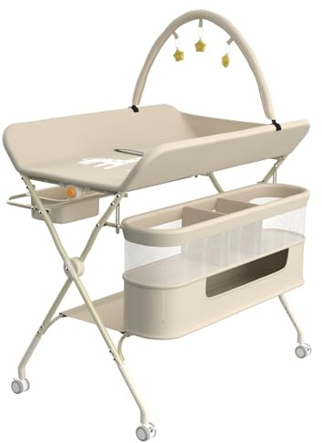 OHMG Table à Langer Pliable, Plan à Langer avec Panier Latéral et roulettes et 3 Jouets,Organiseur de Couches 5 Réglable en Hauteur, Rangement Multifonction pour Chambres d'enfant，75x68x83-91cm