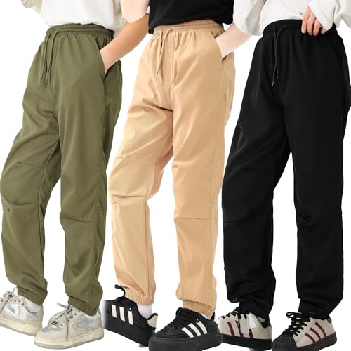 LIUNLU 3 Pack Cargo Pants for Boys, 8-9Y Outdoor Quick Dry Hiking Boys Pants, Lightweight Athletic Pants with Pockets Multiple Colors